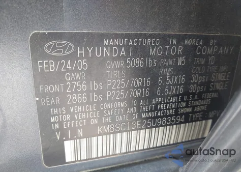 2005 Hyundai Santa Fe Gls/Lx from USA, damaged, VIN KM8SC13E25U983594